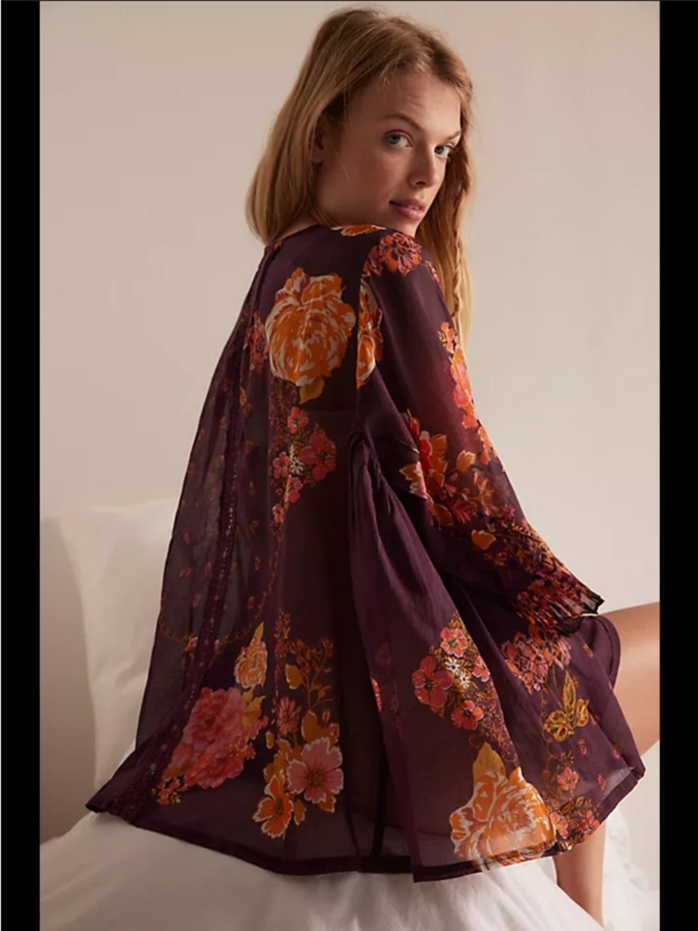 Free People Plum Floral Sheer Blouse with Orange and Pink Blooms